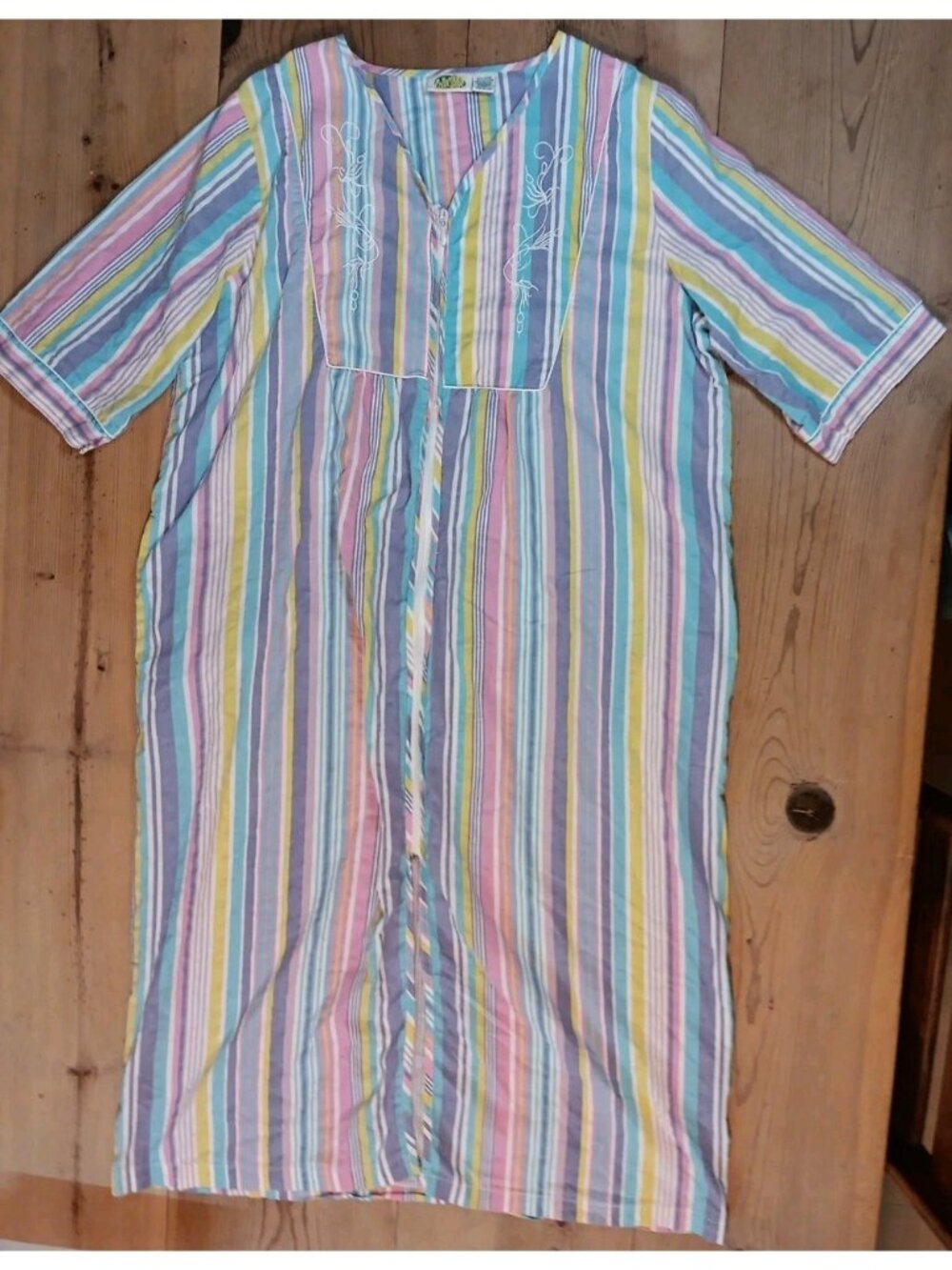 Collections Etc Womens XL House Dress Mumu Maxi Striped 3/4 Sleeve Full Zip